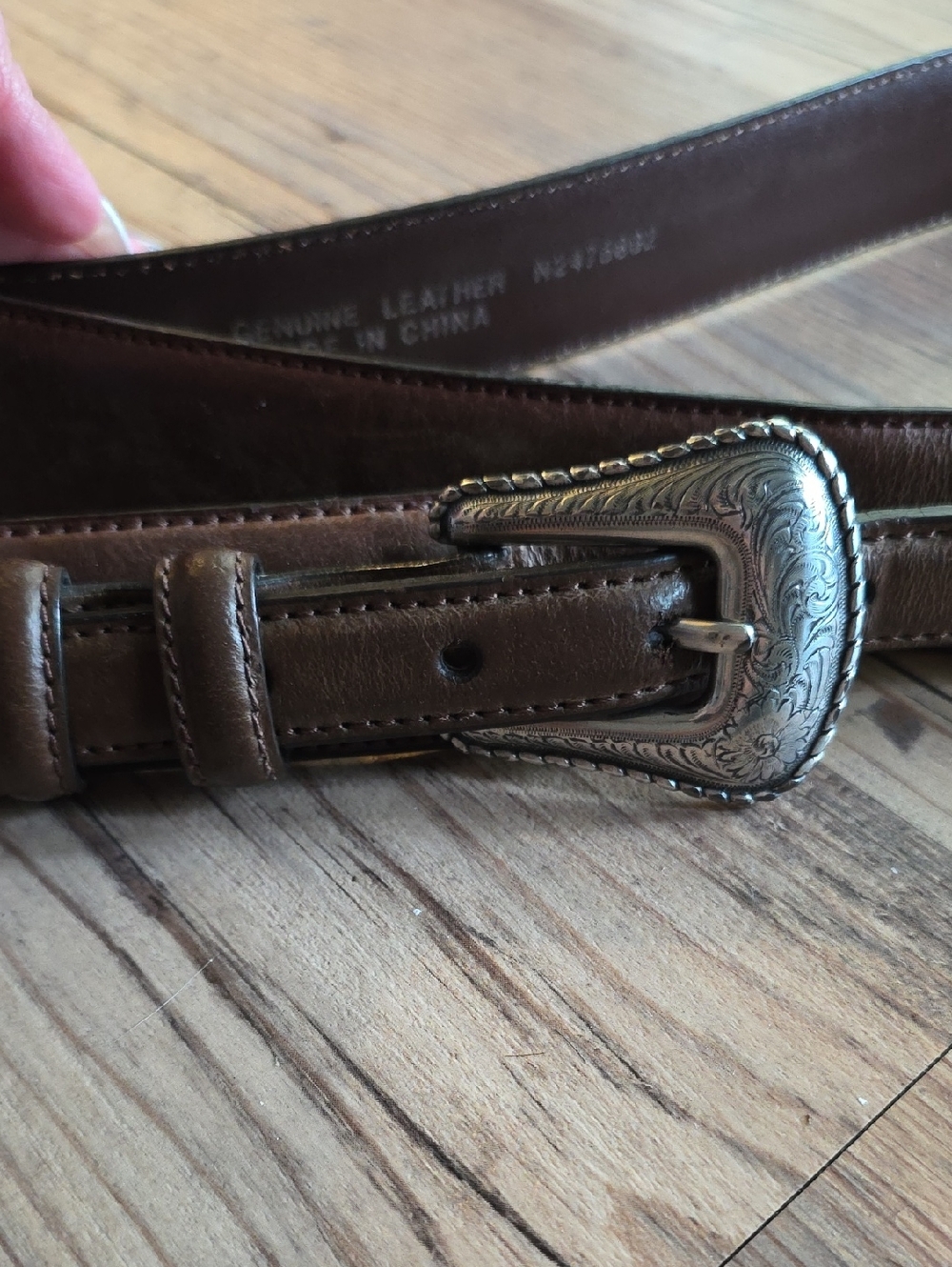 Brown Leather Men’s Belt with Engraved Silver Buckle